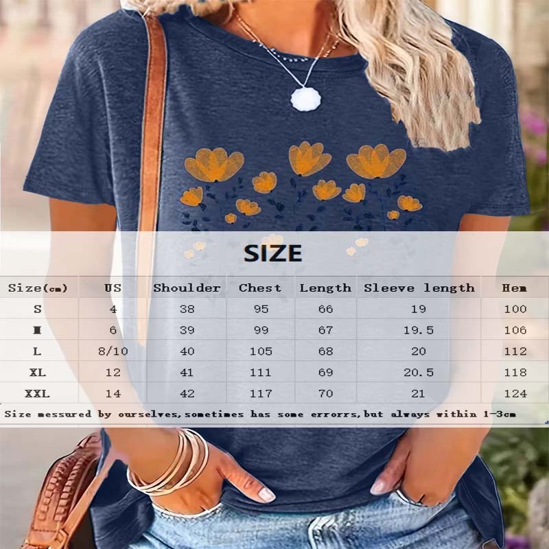 Women's Yellow Floral Print Short Sleeve Tee Round Neck Shirts Tops