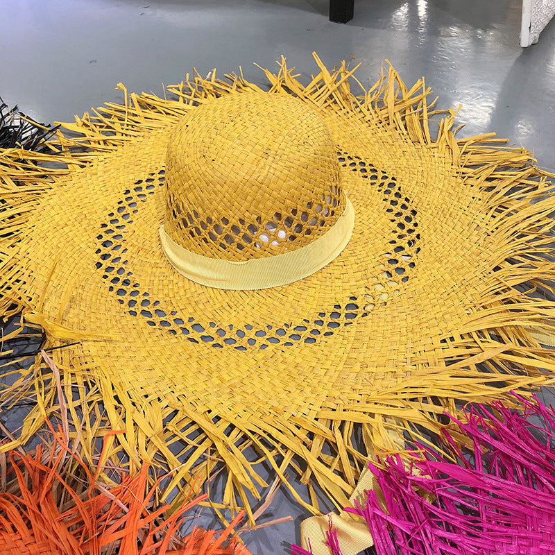 Women Fashion Tassel Big Brim Raffia Colorful Sunshade Hat