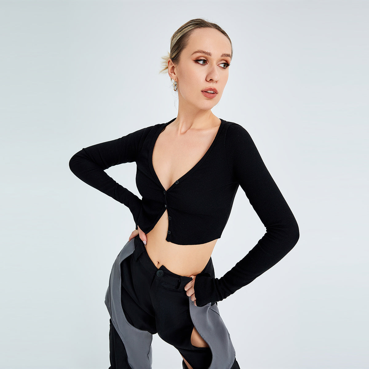 Women Fashion Solid Color V-neck Knitted Tops T-Shirt