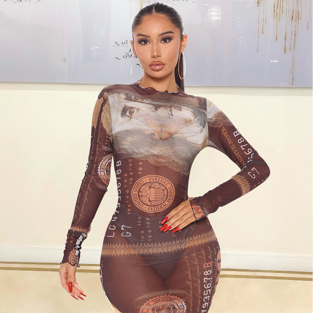 Sexy Mesh See-Through Long-Sleeved Night Party Dress