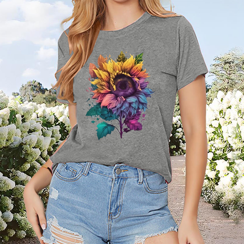 Women's Short Sleeve Round Neck Colorful Sunflower Print Tees Shirt Tops
