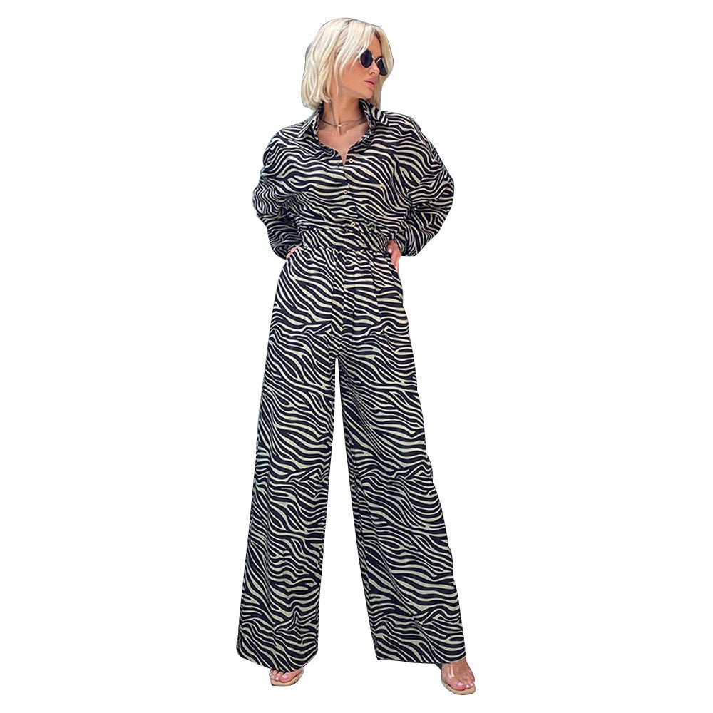 Fashion Print Lapel Long Sleeve High Waist Loose Party Jumpsuit