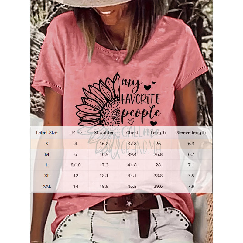 My Favorite People Call Me Grandma Women's Half Sunflower Print Short Sleeve T-Shirt Crew Neck Tops