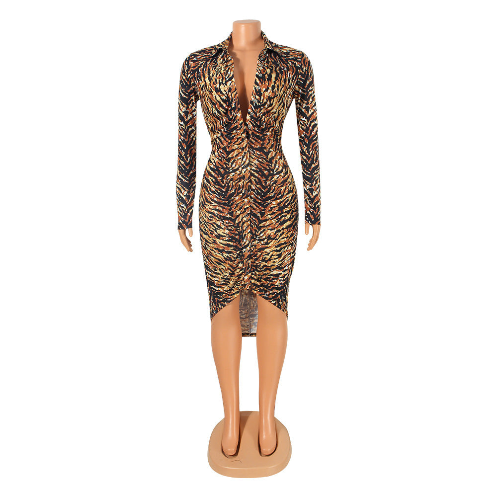 Sexy Prints Pleated Irregular Shirt Long Sleeve Night Club Party Dress