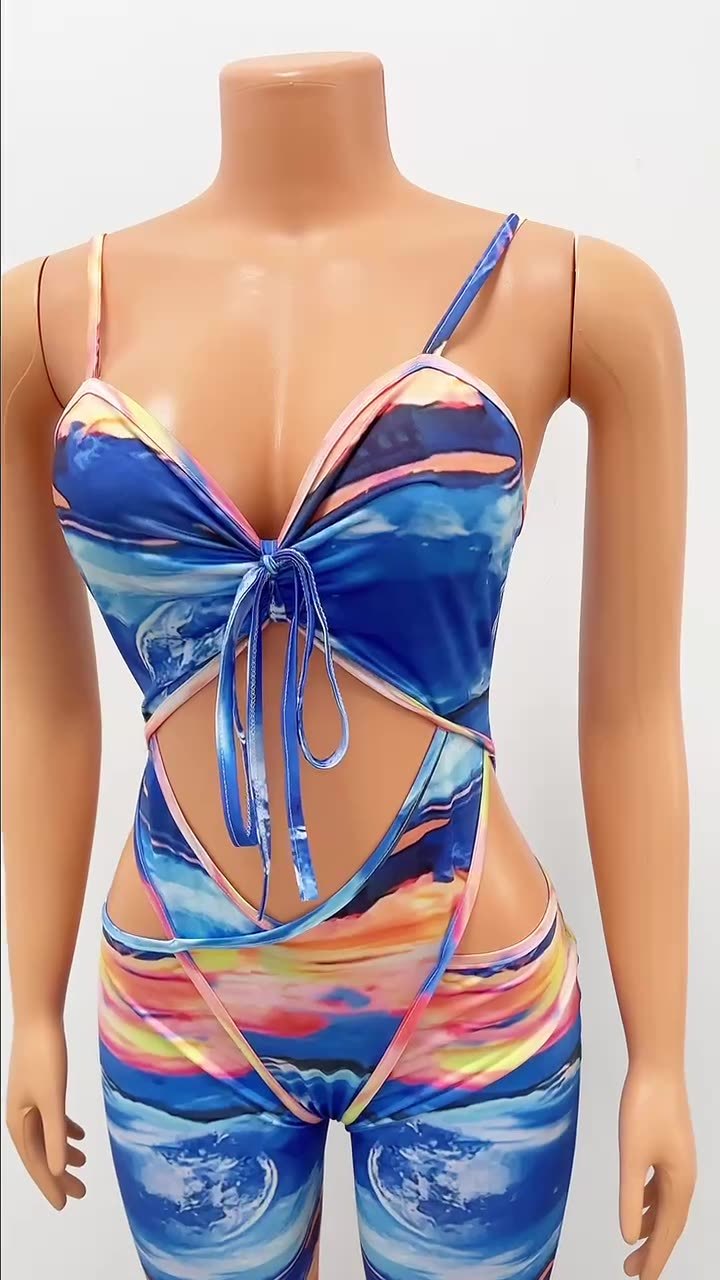 Sexy Women's Fashion Milk Silk Print Cutout Night Club Party Jumpsuit
