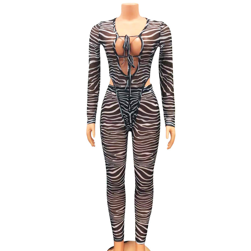 Sexy Mesh Printed See-Through Hollow Tops Pant Nightclub Party Suit