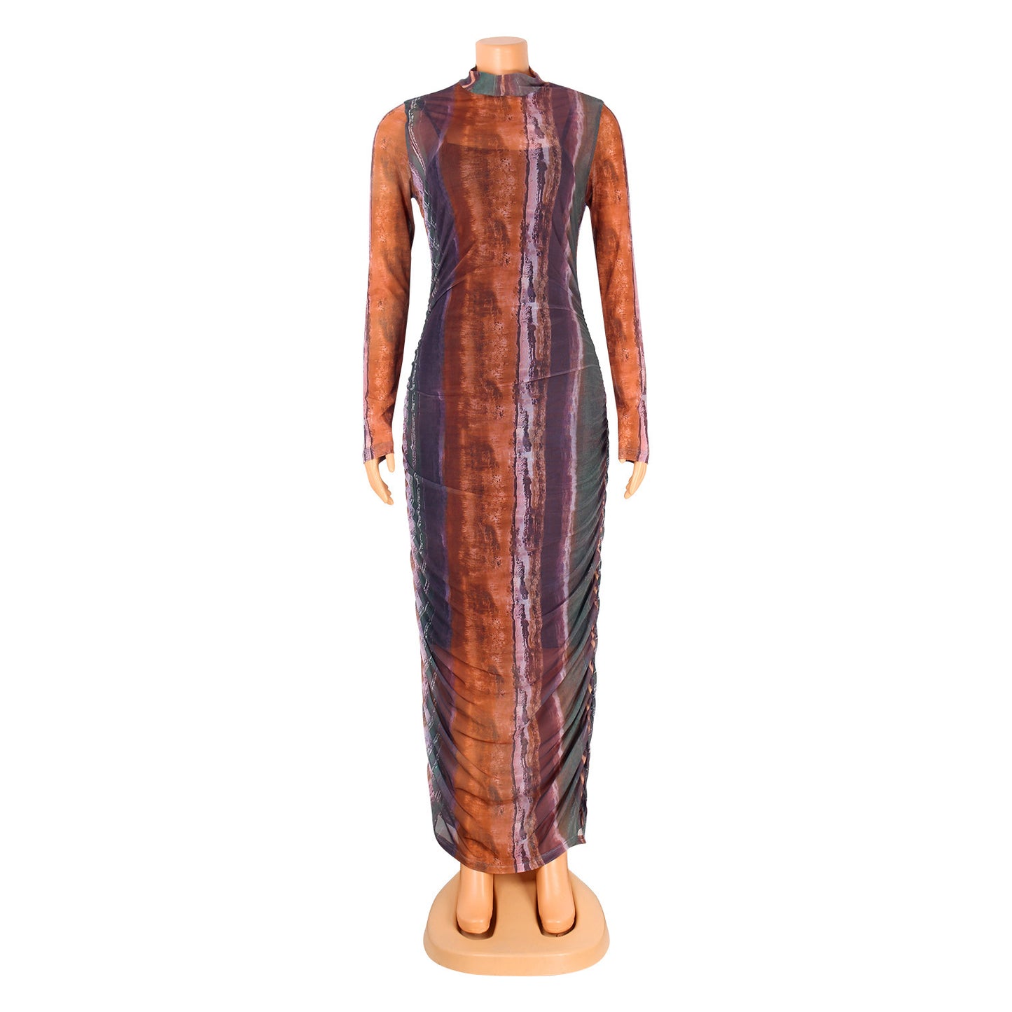 Sexy Women See-Through Print Long-Sleeved Mini Night Party Dress