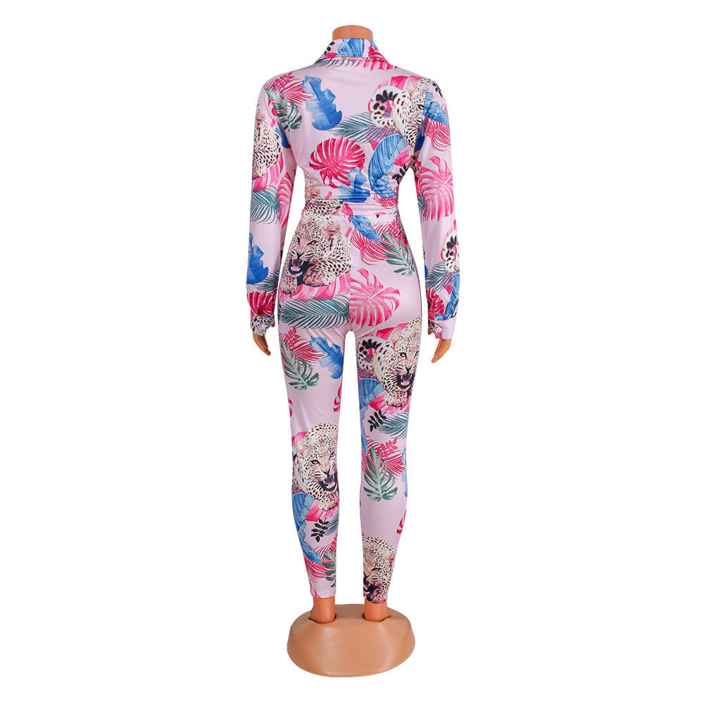 Sexy Fashion Printed Long-Sleeved Tops + Bottom Trouser Suit