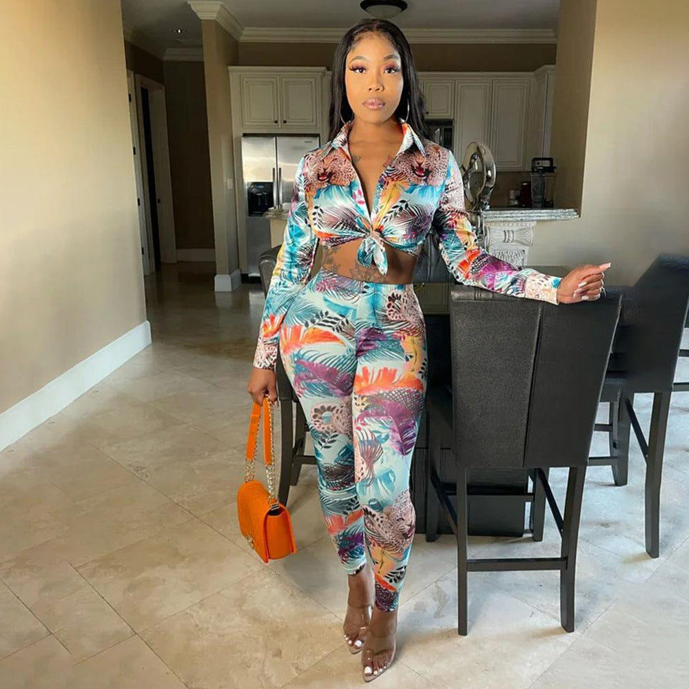 Sexy Fashion Printed Long-Sleeved Tops + Bottom Trouser Suit