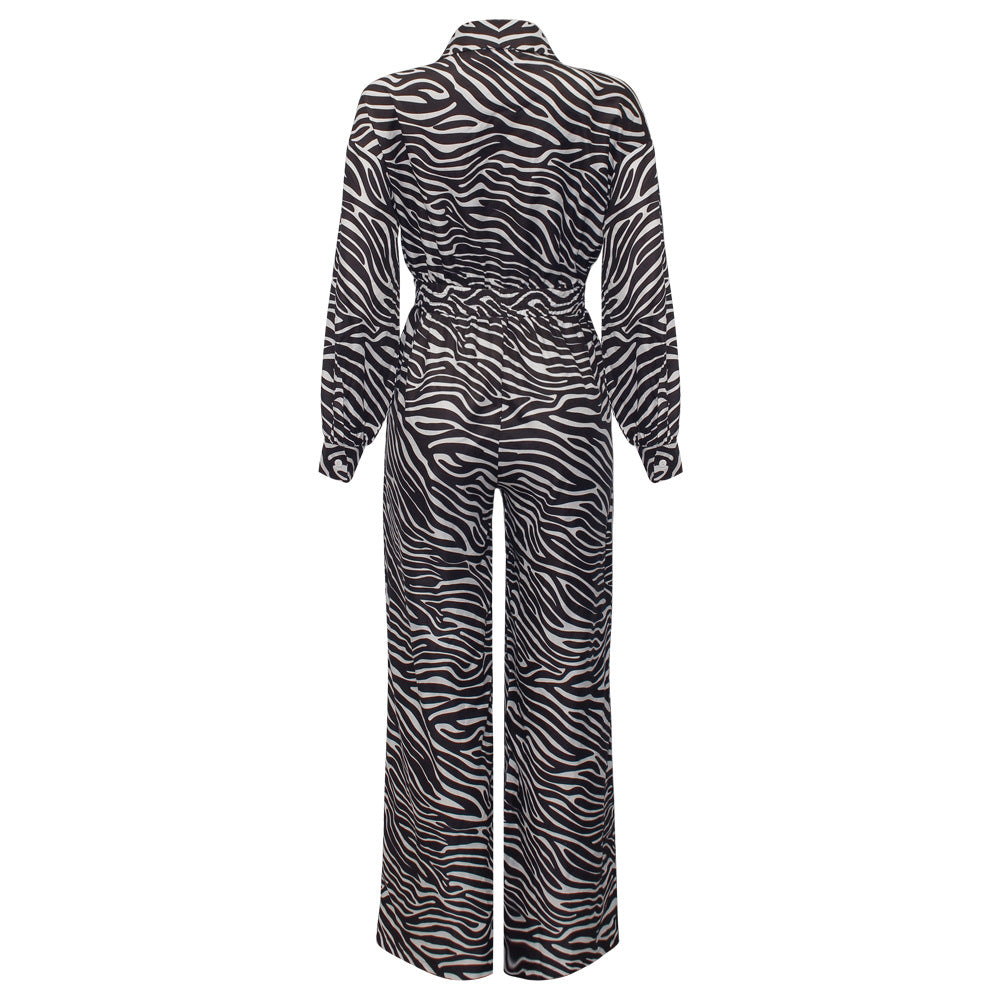 Fashion Print Lapel Long Sleeve High Waist Loose Party Jumpsuit
