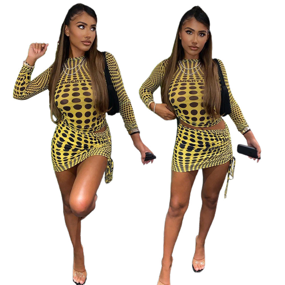 Sexy Women's Long-sleeved Printed Nightclub Party Tops Skirt Suit