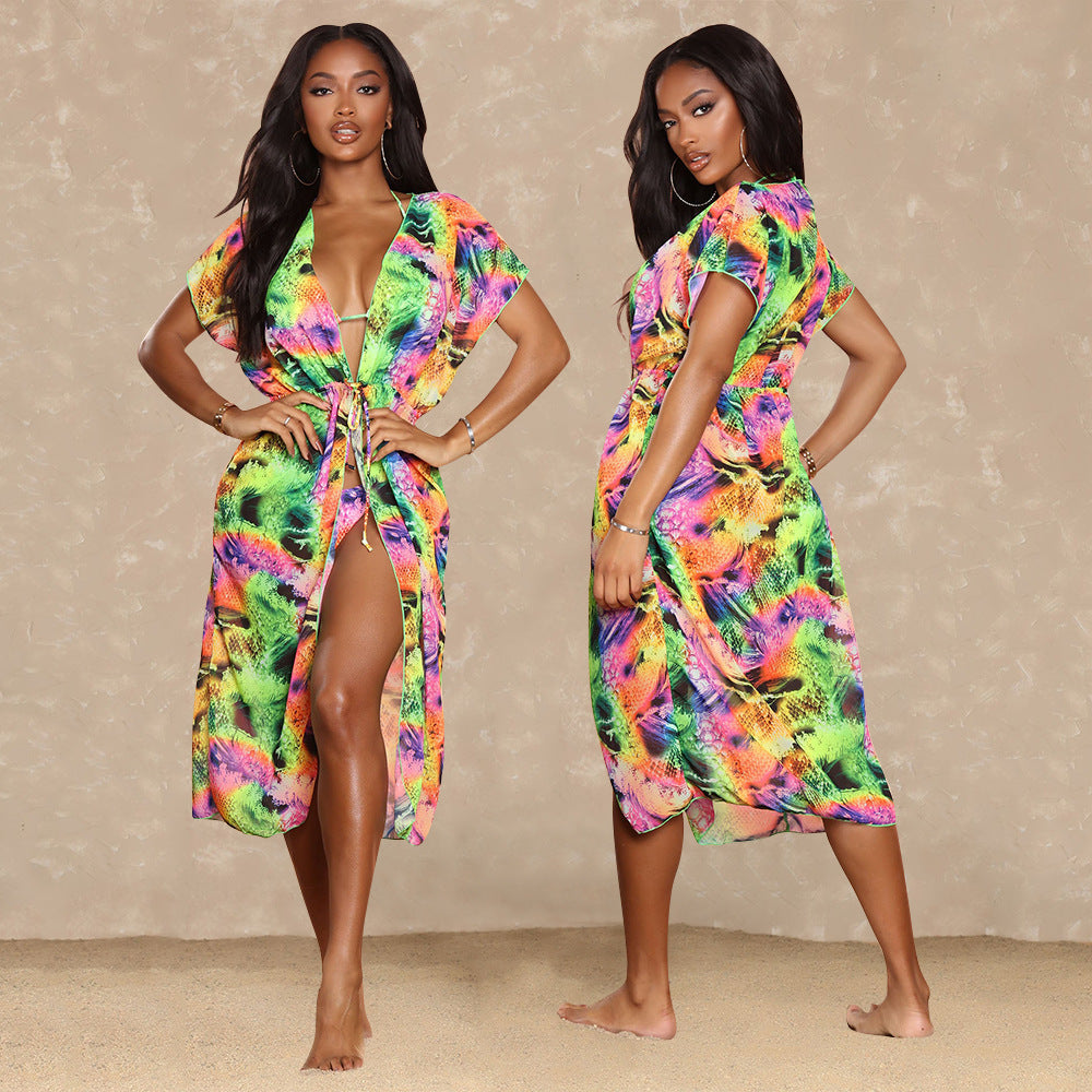 Women's Beach Print Bikini Three Piece Shawl Dress