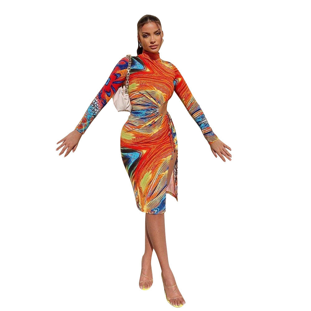 Sexy Mid-Waist Printed Milk Silk Night Clubbing Party Skirt Dress
