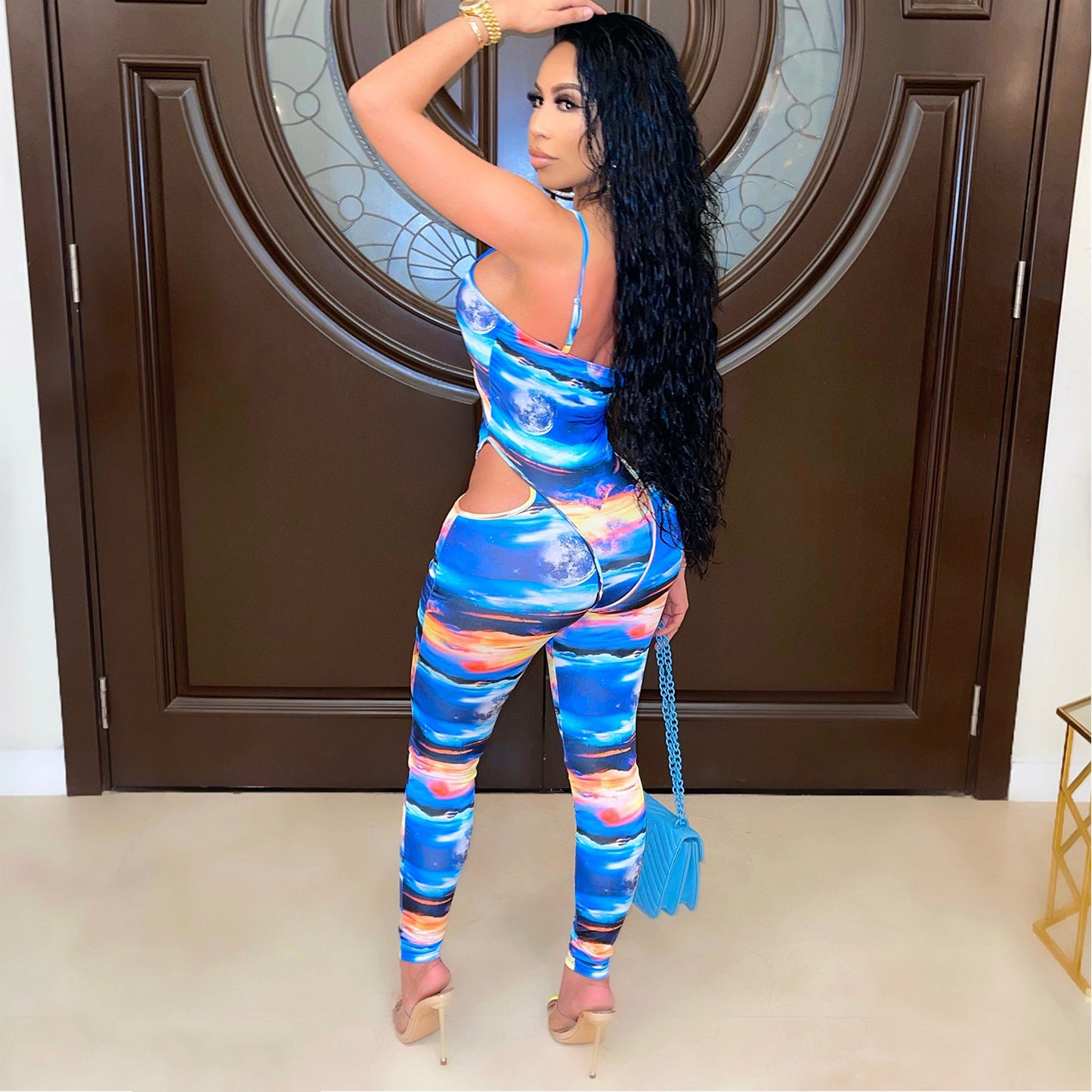 Sexy Women's Fashion Milk Silk Print Cutout Night Club Party Jumpsuit