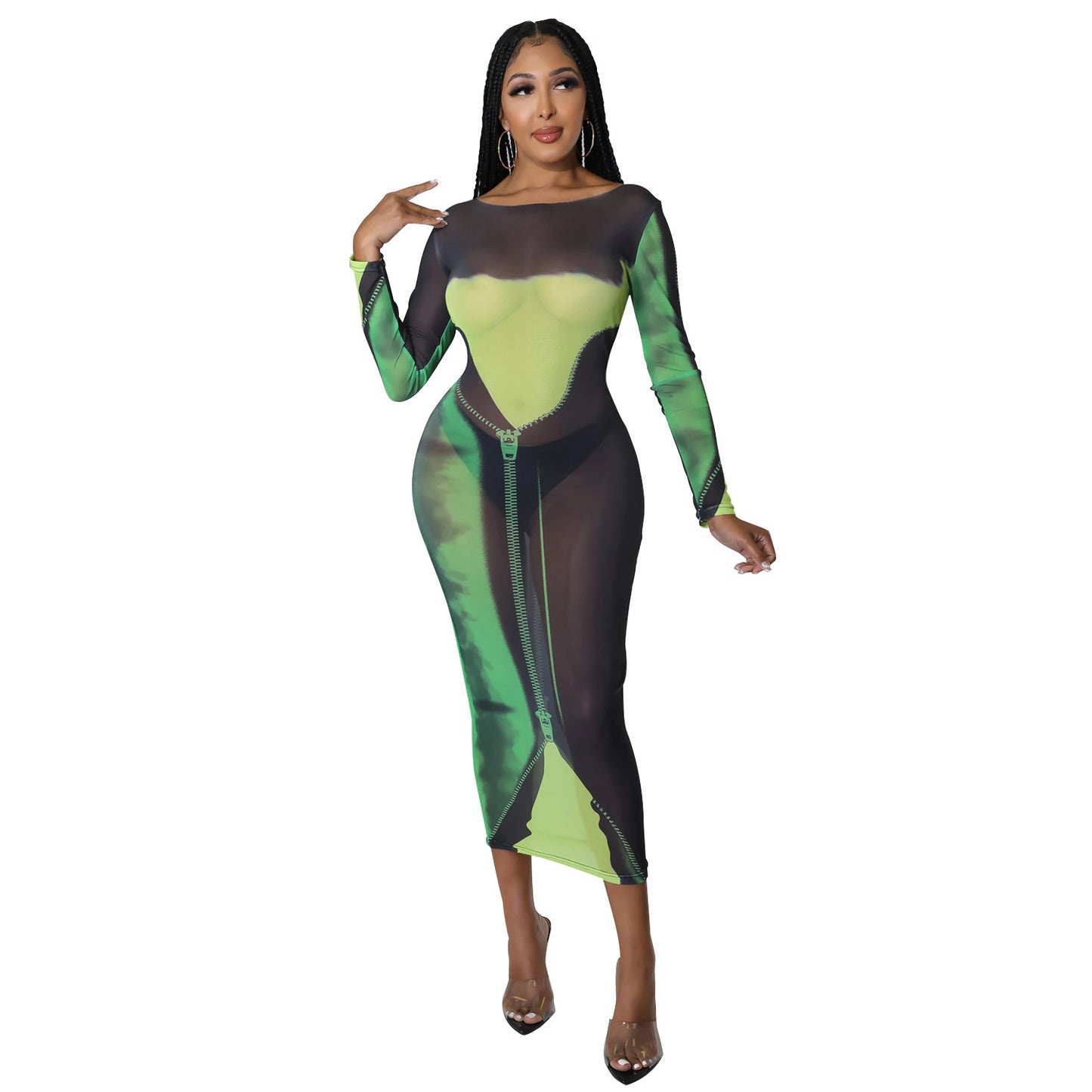Sexy Fashion Mesh Print Long Sleeve Midi Might Club Party Dress