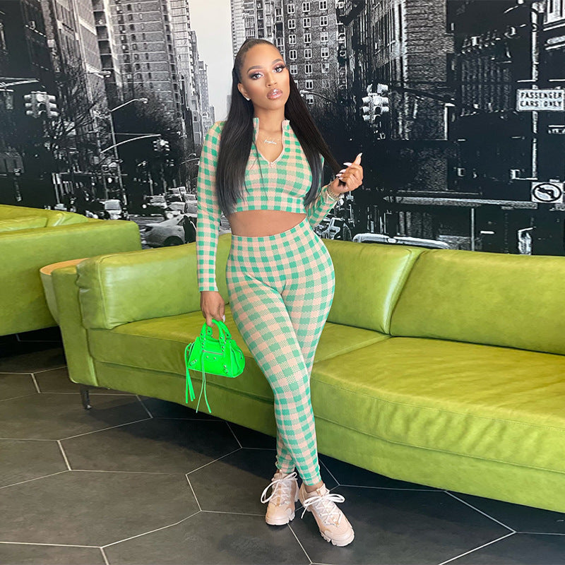 Sexy Long Sleeve Sports Cropped Navel Slim Tops Pant Trousers Suits