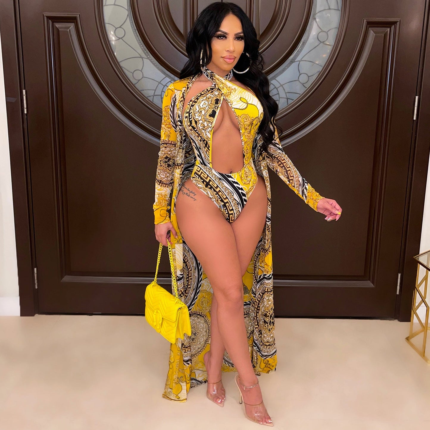 Women's Fashion Print Long Sleeve Cape Swimsuit Two Piece Bikini Dress Suits