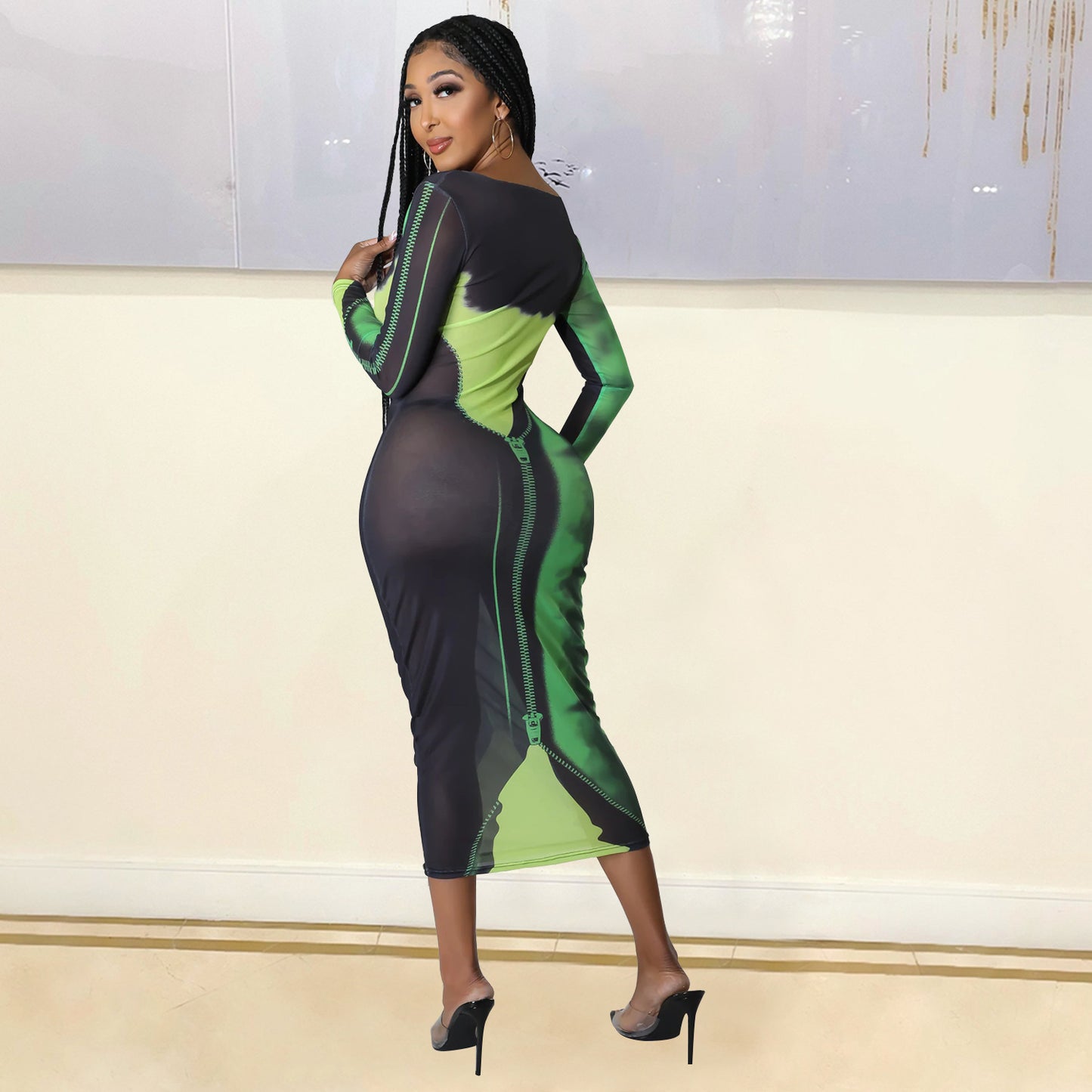 Sexy Fashion Mesh Print Long Sleeve Midi Might Club Party Dress
