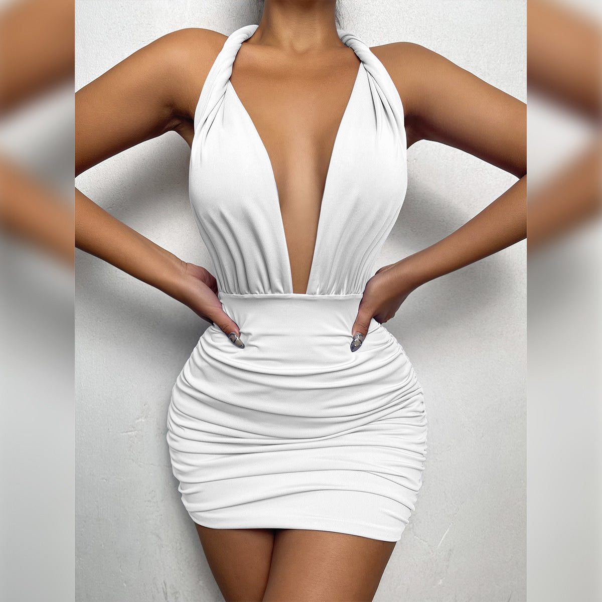 Sexy Deep V-Neck Halter Neck Strapless Back Pleated Party Dress