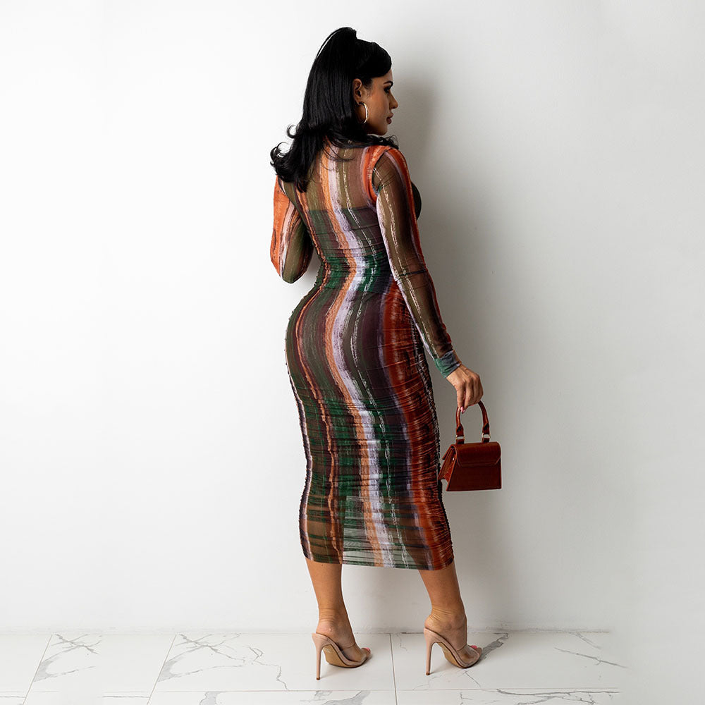 Sexy Women See-Through Print Long-Sleeved Mini Night Party Dress