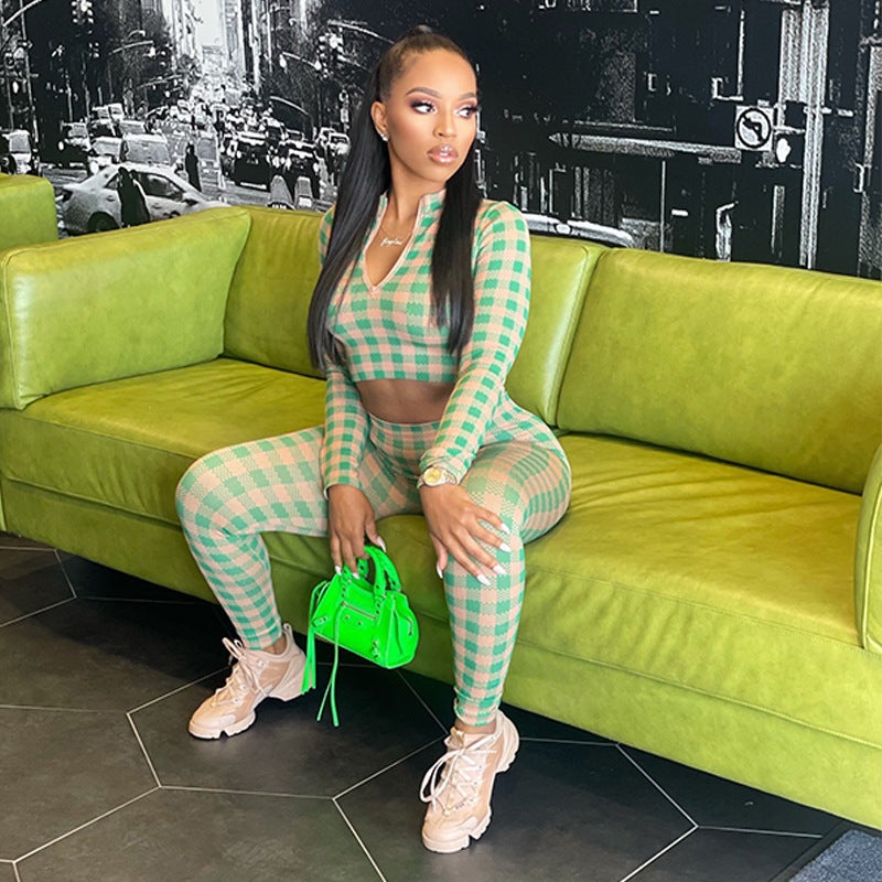 Sexy Long Sleeve Sports Cropped Navel Slim Tops Pant Trousers Suits