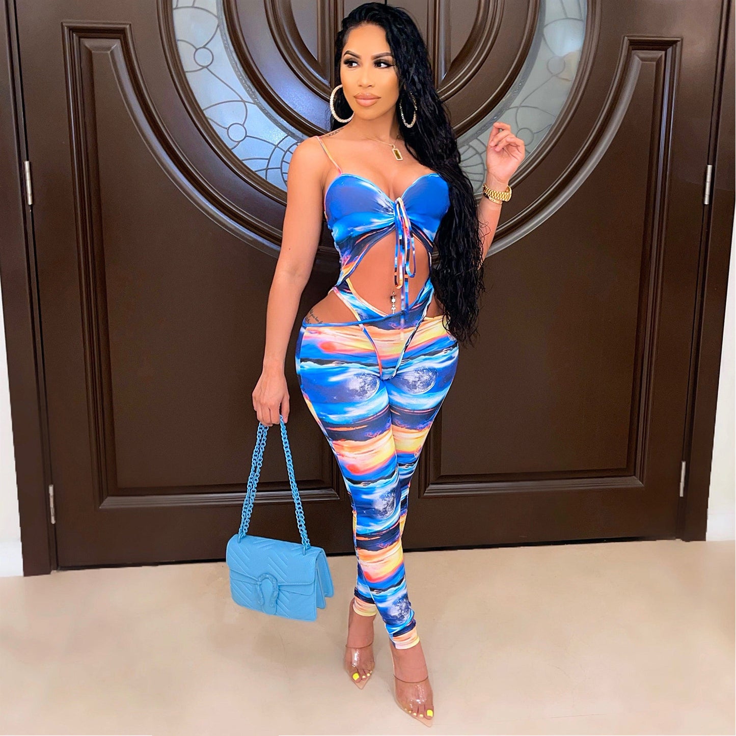 Sexy Women's Fashion Milk Silk Print Cutout Night Club Party Jumpsuit