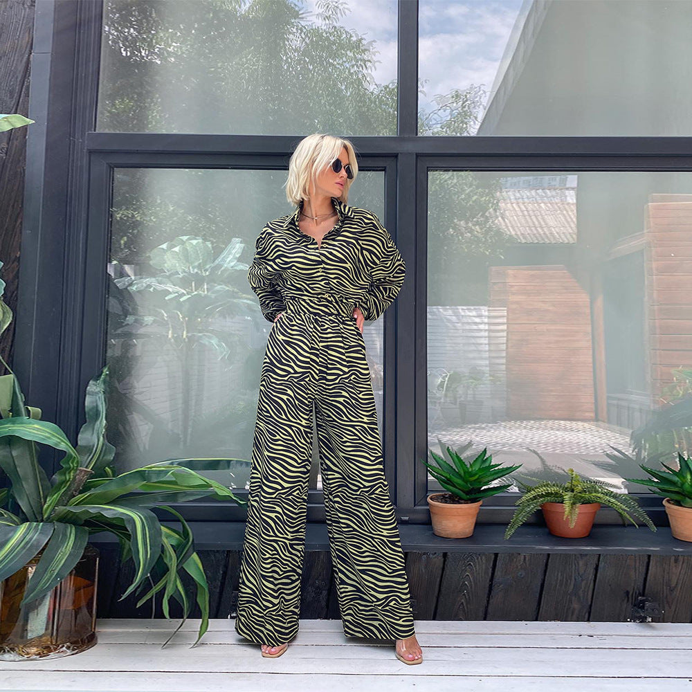 Fashion Print Lapel Long Sleeve High Waist Loose Party Jumpsuit