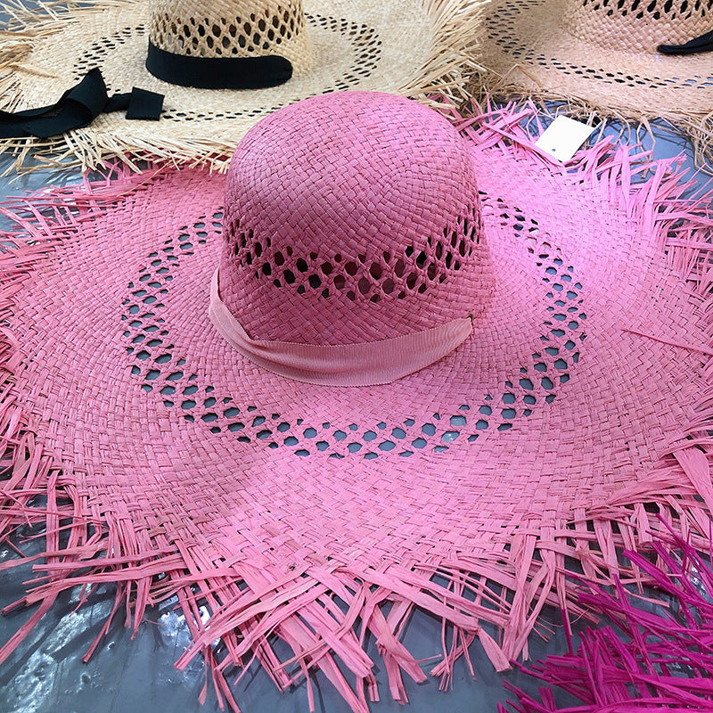 Women Fashion Tassel Big Brim Raffia Colorful Sunshade Hat
