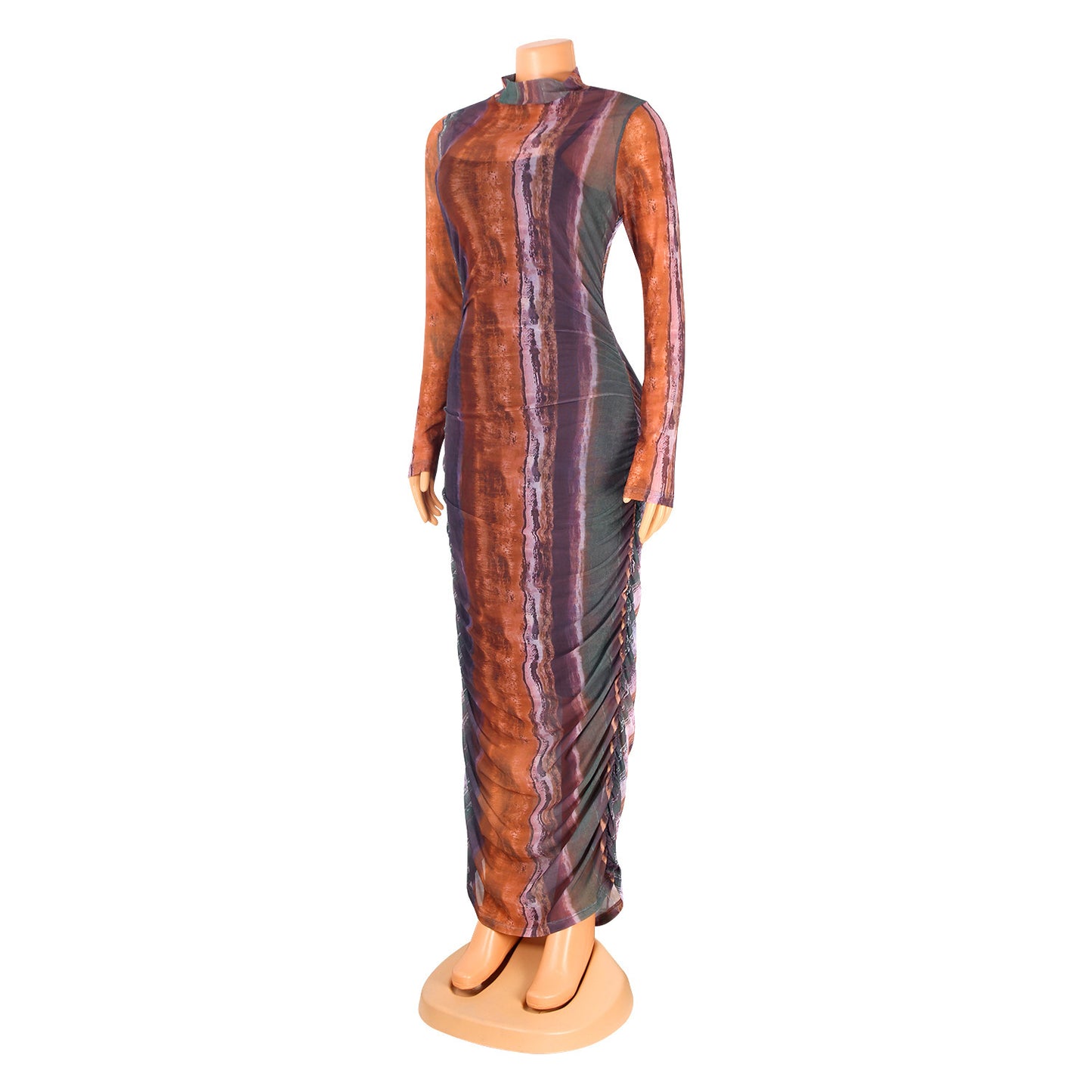 Sexy Women See-Through Print Long-Sleeved Mini Night Party Dress