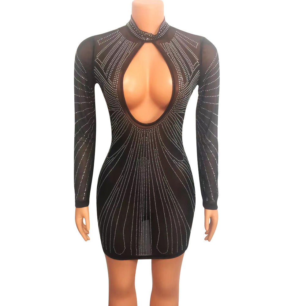 Sexy Fashion Mesh See-Through Hot Rhinestone Hollow Open Back Party Dress