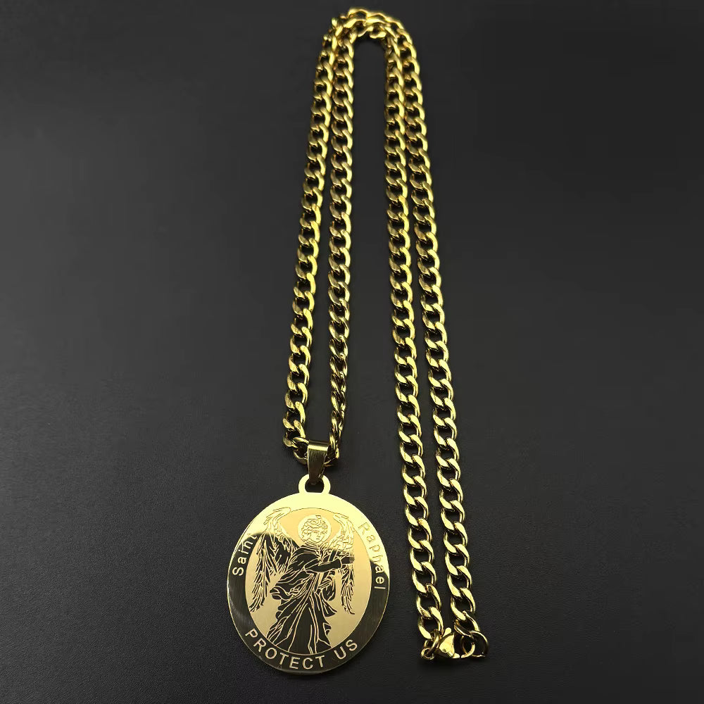 Women Men Gold Color Stainless Steel Christian Archangel Saint Raphael Protect Us Medal Pendant Necklace