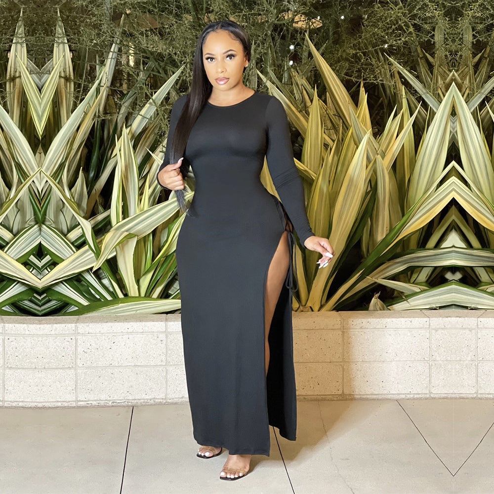 Women Solid Color Cutout Open Back Tie Long Sleeve Clubbing Party Dress
