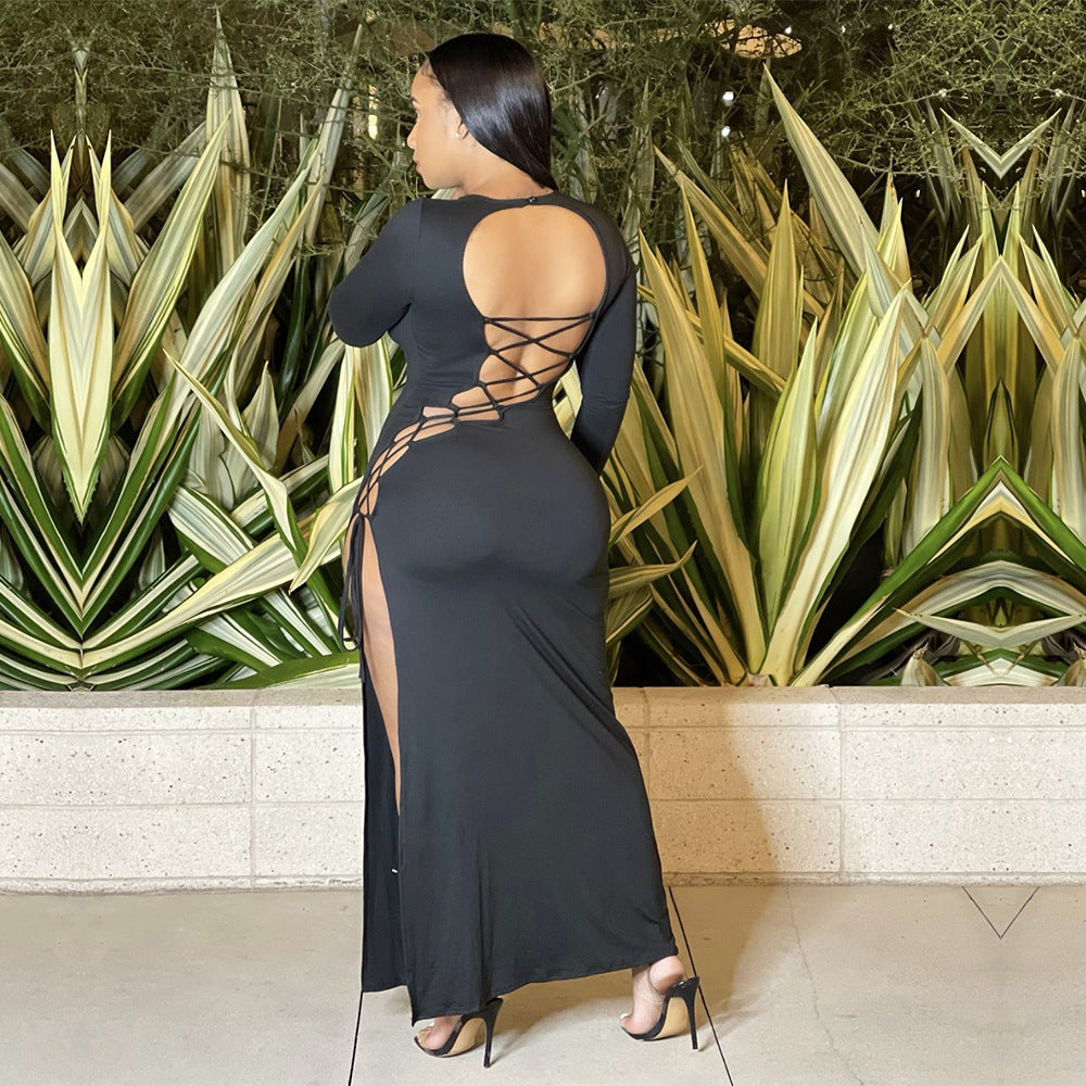 Women Solid Color Cutout Open Back Tie Long Sleeve Clubbing Party Dress