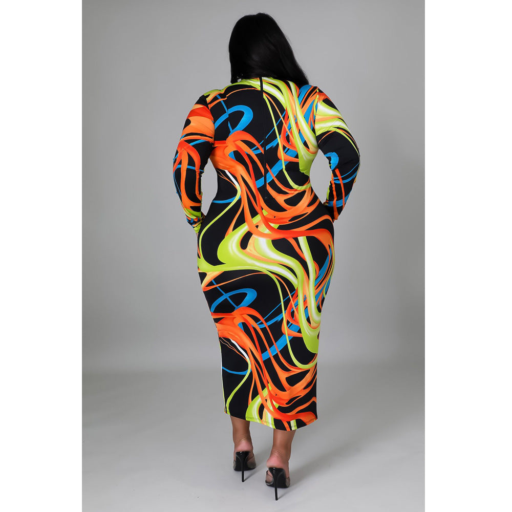 Plus Size Sexy Tight Sexy Long Sleeve Printed Night Club Party Dress