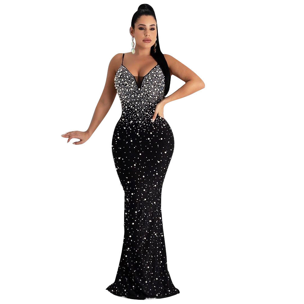 Sexy Fashion Night Club Hot-drilled Beaded Suspender Party Dress