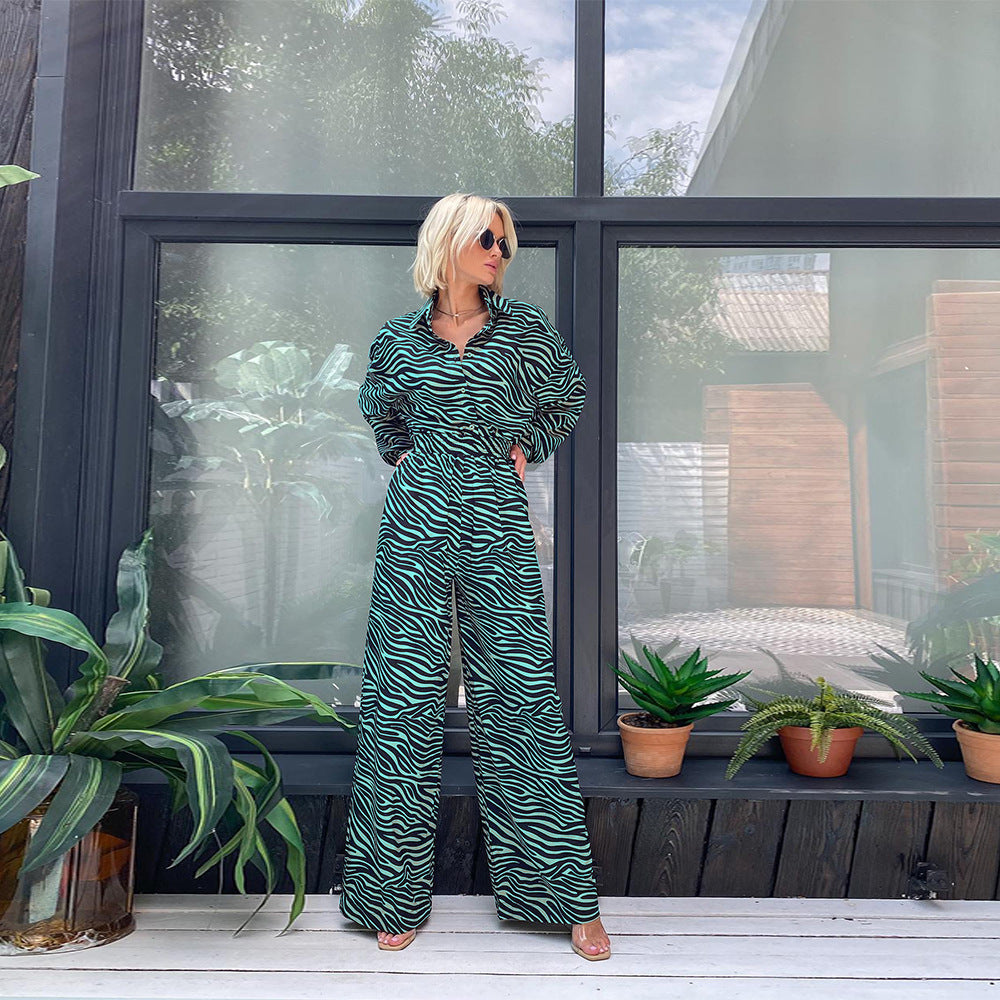 Fashion Print Lapel Long Sleeve High Waist Loose Party Jumpsuit