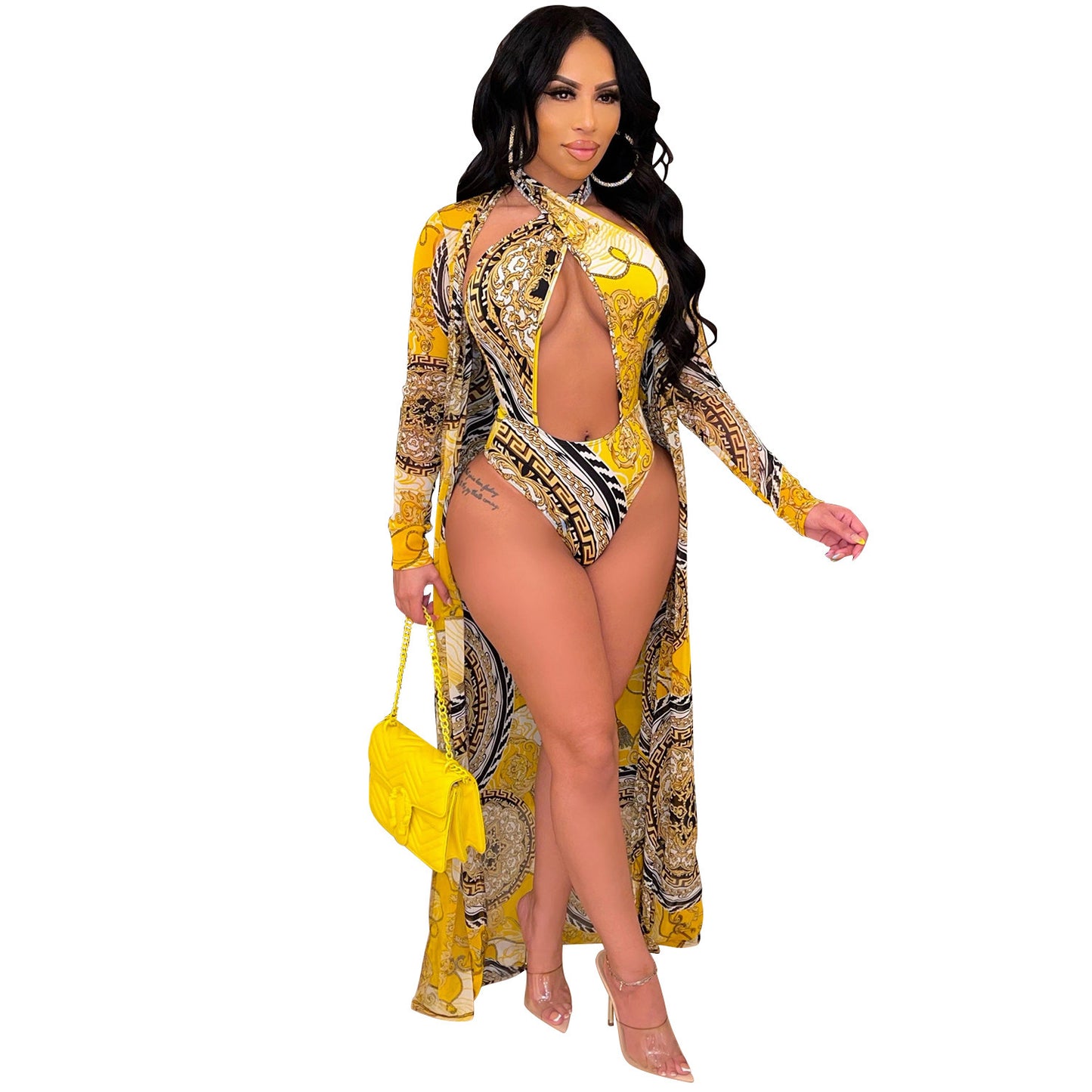 Women's Fashion Print Long Sleeve Cape Swimsuit Two Piece Bikini Dress Suits