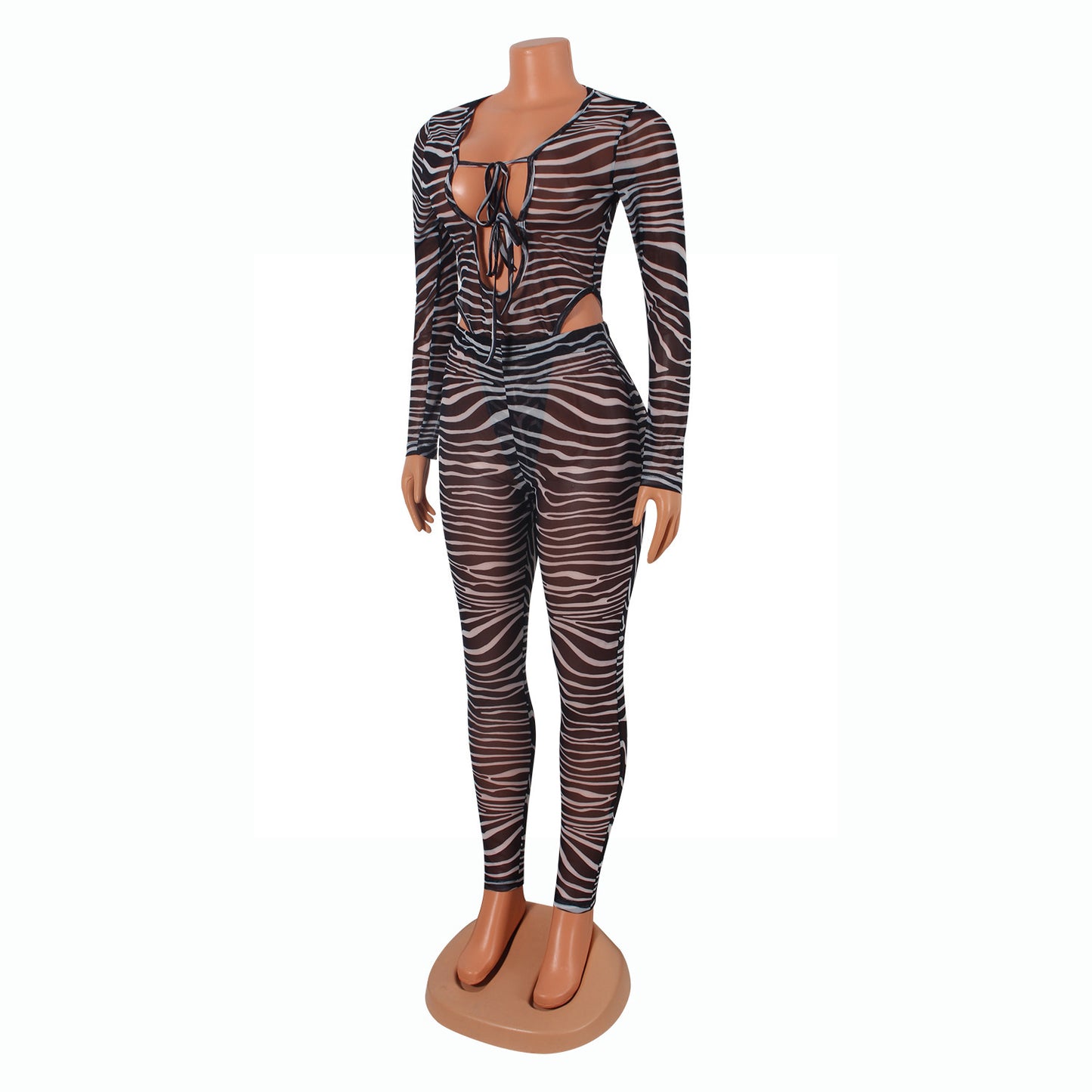 Sexy Mesh Printed See-Through Hollow Tops Pant Nightclub Party Suit