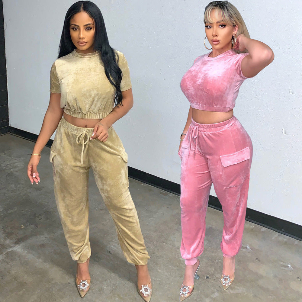 Fashion Sexy Loose Gold Velvet Two Piece Tops Pant Trouser Party Suit
