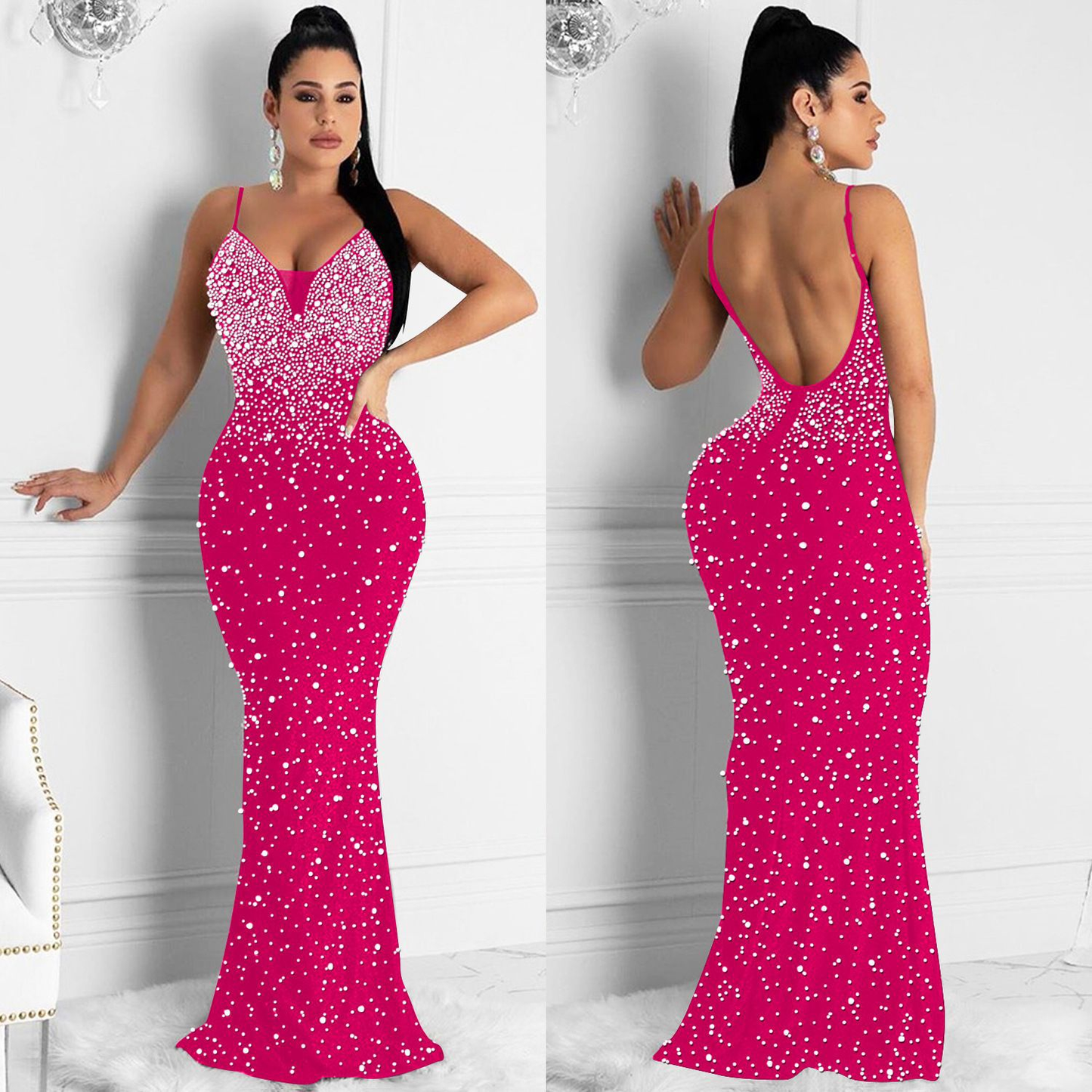 Sexy Fashion Night Club Hot-drilled Beaded Suspender Party Dress