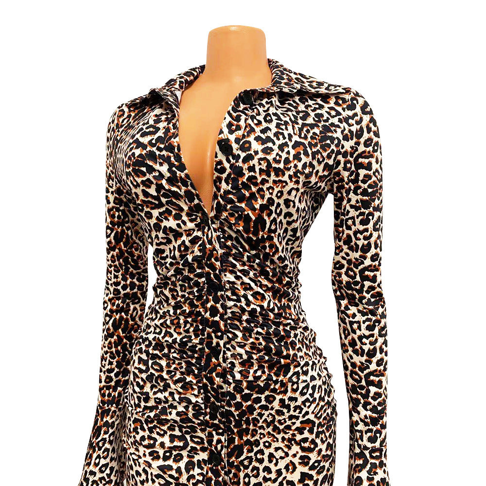 Sexy Leopard Print Long Sleeve Flared Sleeve Night Shirt Mini Party Dress