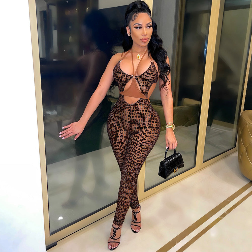 Sexy Stitching Strappy Sleeveless Skinny Nightclub Party Jumpsuit