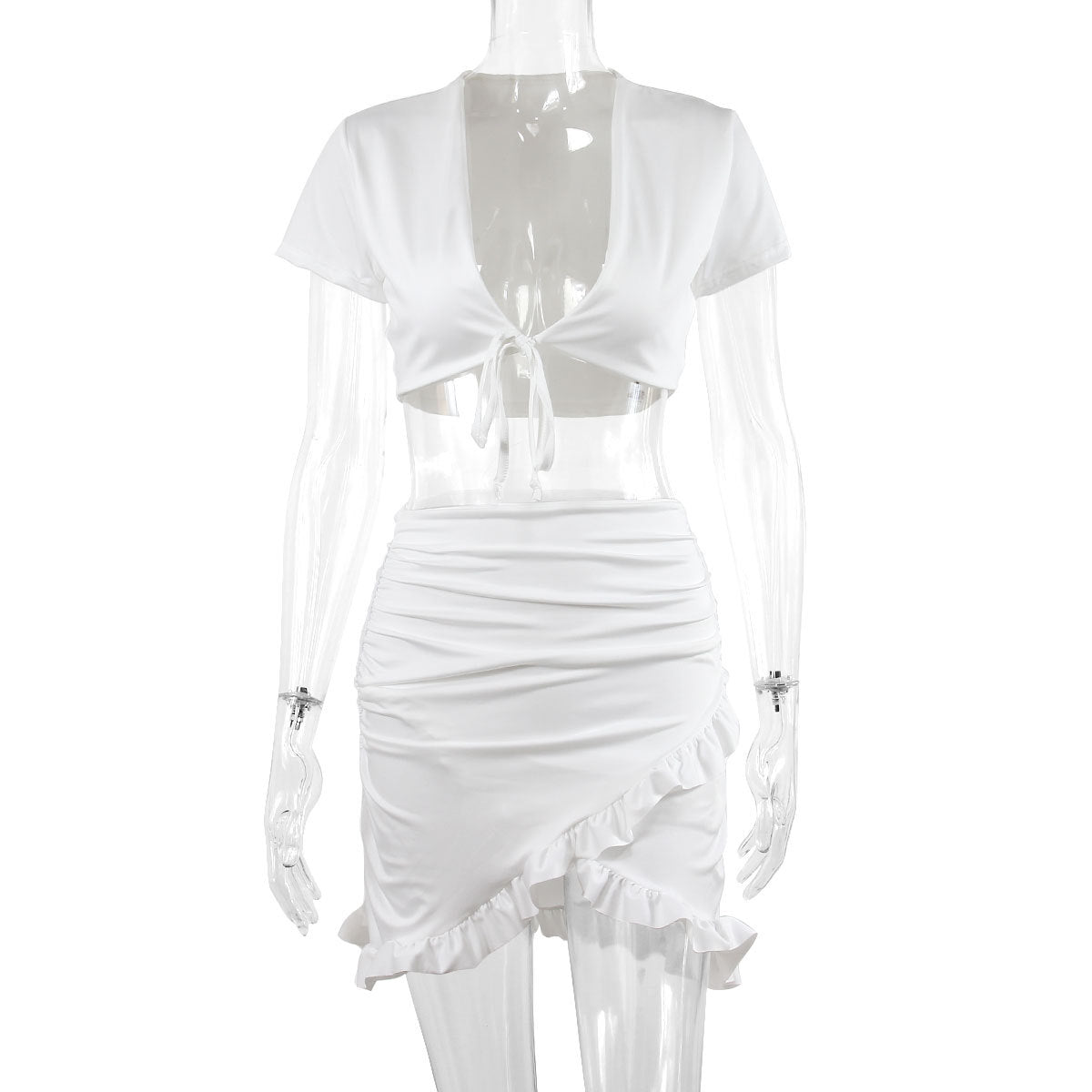 Women Low-cut Lace-up Ruffled Hip Skirt Tops Two-pieces Party Dress Set