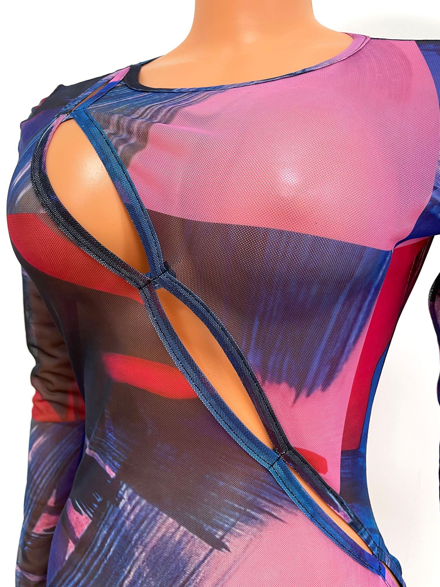 Nightclub Sexy Net Gauze See-Through Long-Sleeved Party Dress