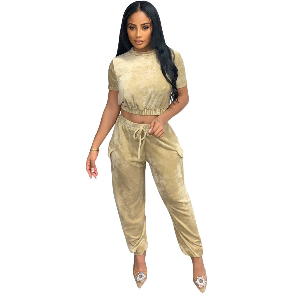 Fashion Sexy Loose Gold Velvet Two Piece Tops Pant Trouser Party Suit