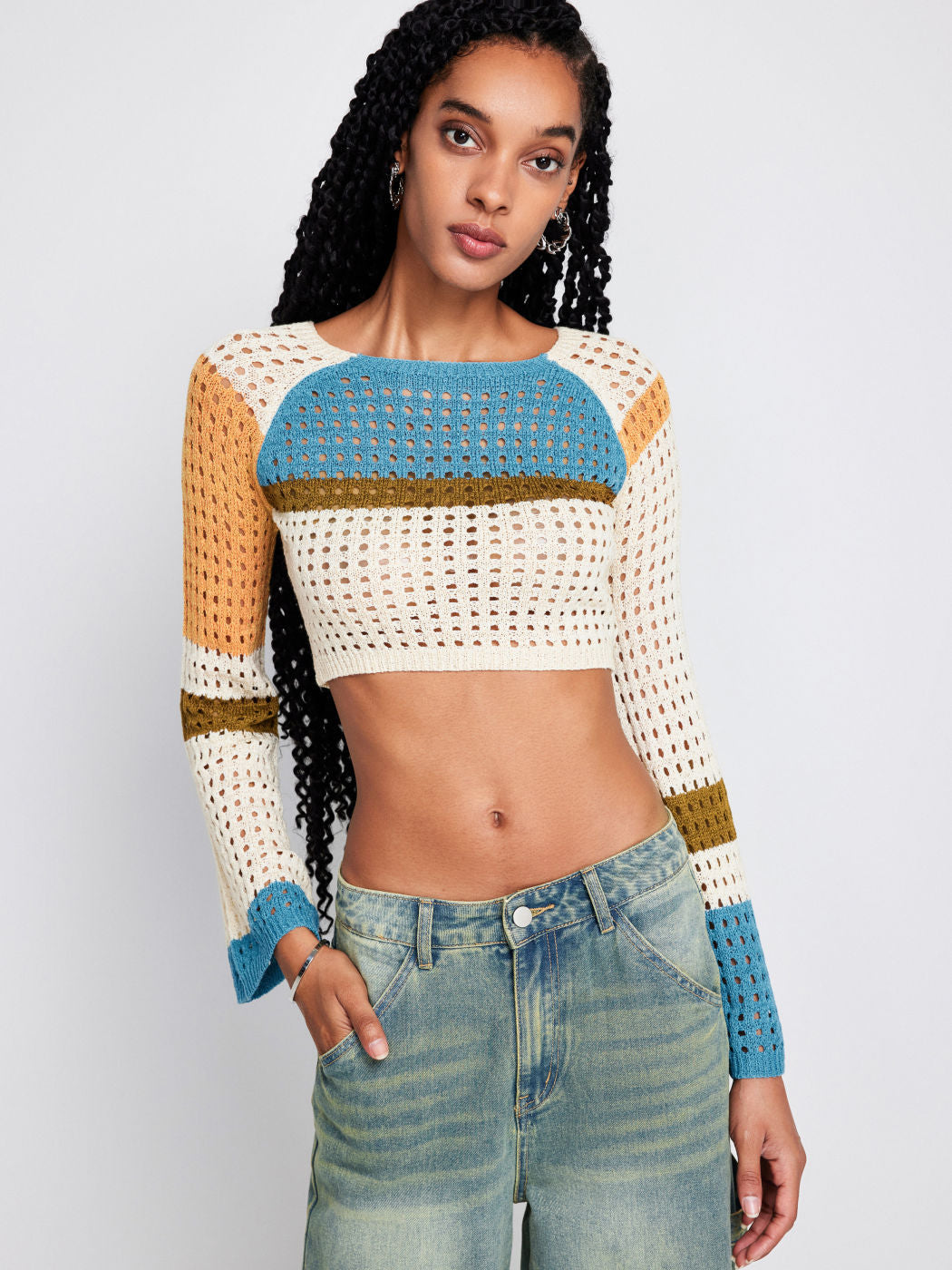 Women Stitching Long Sleeved Hollow Short Waist Knit Sweaters