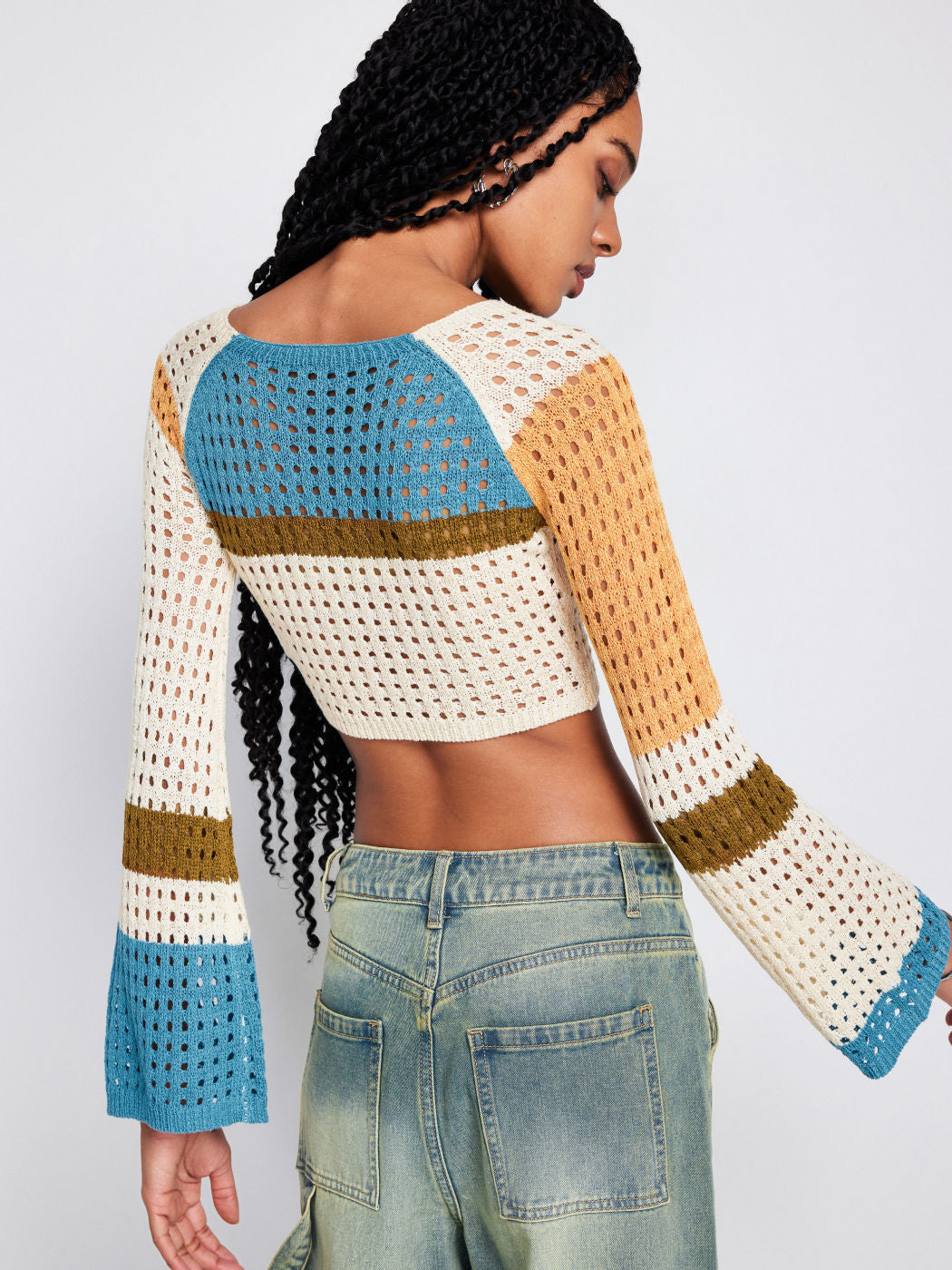 Women Stitching Long Sleeved Hollow Short Waist Knit Sweaters