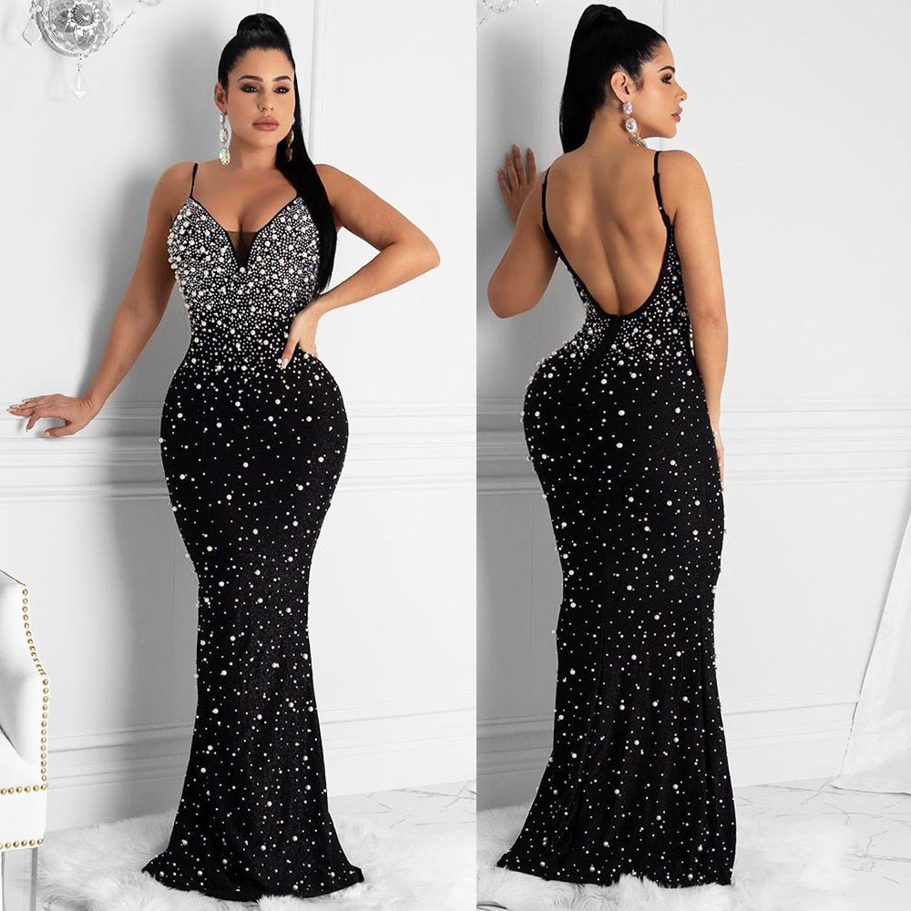 Sexy Fashion Night Club Hot-drilled Beaded Suspender Party Dress