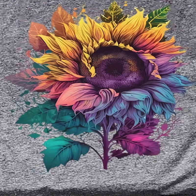 Women's Short Sleeve Round Neck Colorful Sunflower Print Tees Shirt Tops