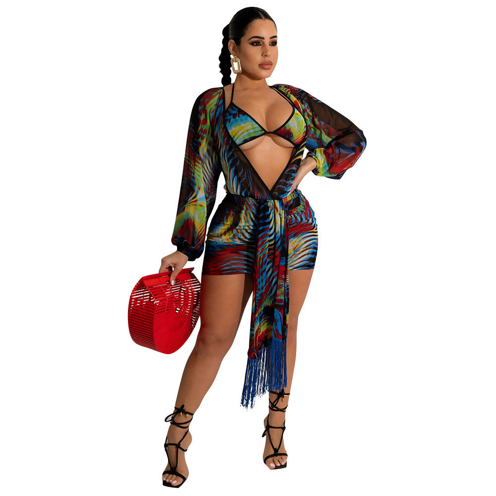 Sexy Mesh See-through Swimsuit Bikini Three-piece Bathing Beach Set